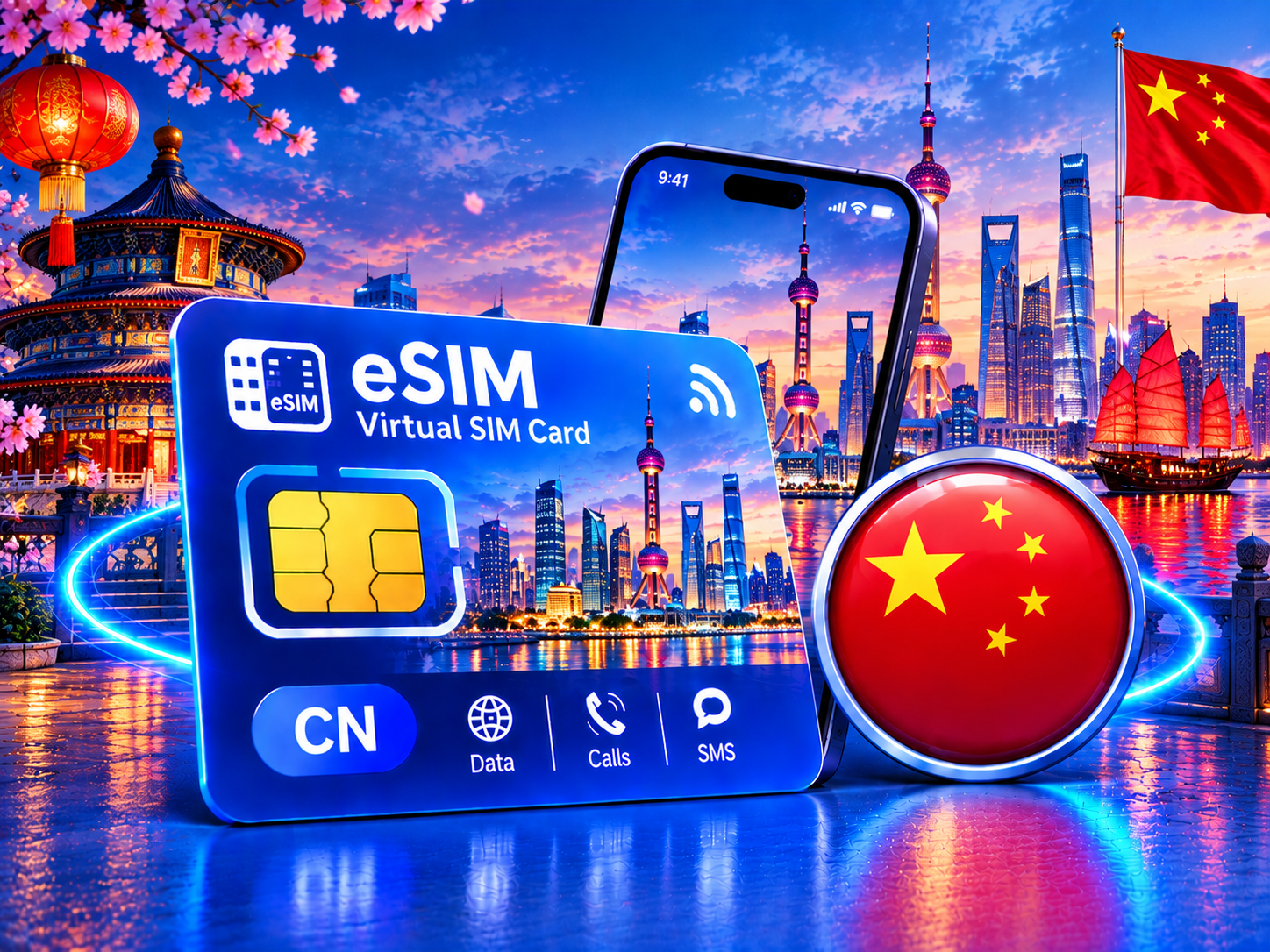 Virtual eSIM card for China with a Chinese flag badge, phone and Shanghai skyline