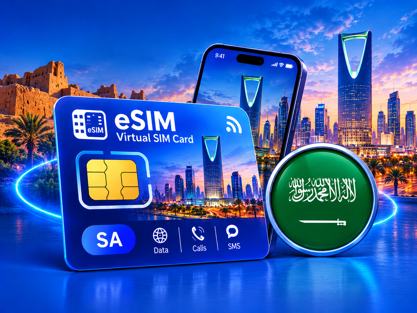 Virtual eSIM card for Saudi Arabia with a Saudi flag badge, phone and Riyadh skyline