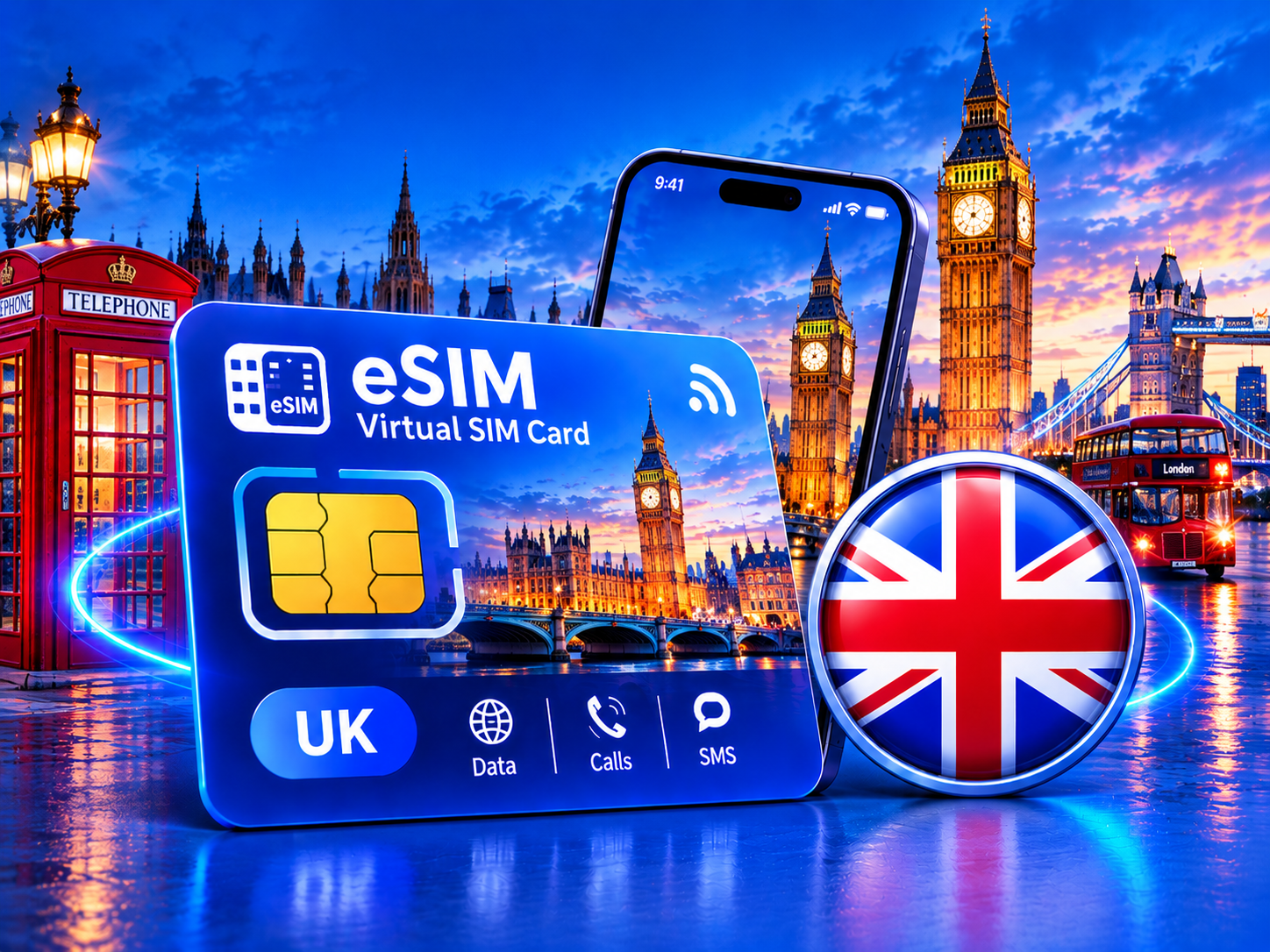 Virtual eSIM card for the United Kingdom with a Union Jack flag badge, phone and London landmarks including Big Ben and Tower Bridge